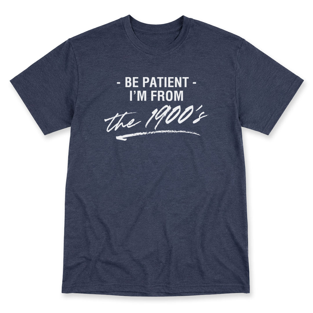 Navy t-shirt printed with the Be Patient I&