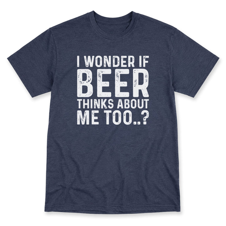 Navy t-shirt printed with the I Wonder If Beer Thinks Of Me Too design, by Pinetree Innovations