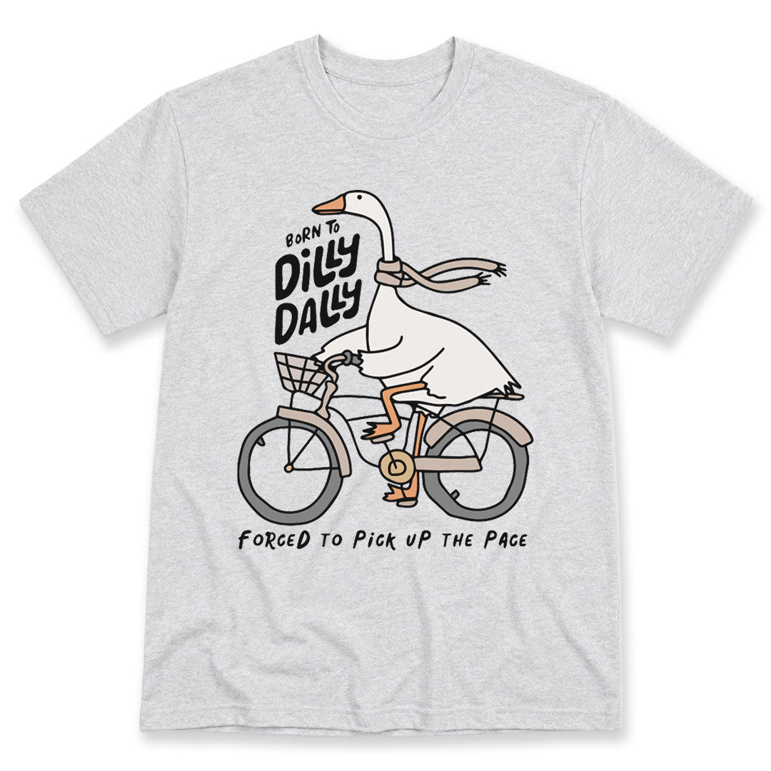 Ash t-shirt printed with the Born To Dilly Dally design, by Pinetree Innovations