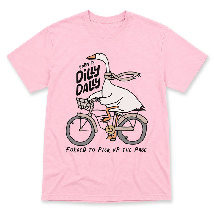 Light Pink t-shirt printed with the Born To Dilly Dally design, by Pinetree Innovations