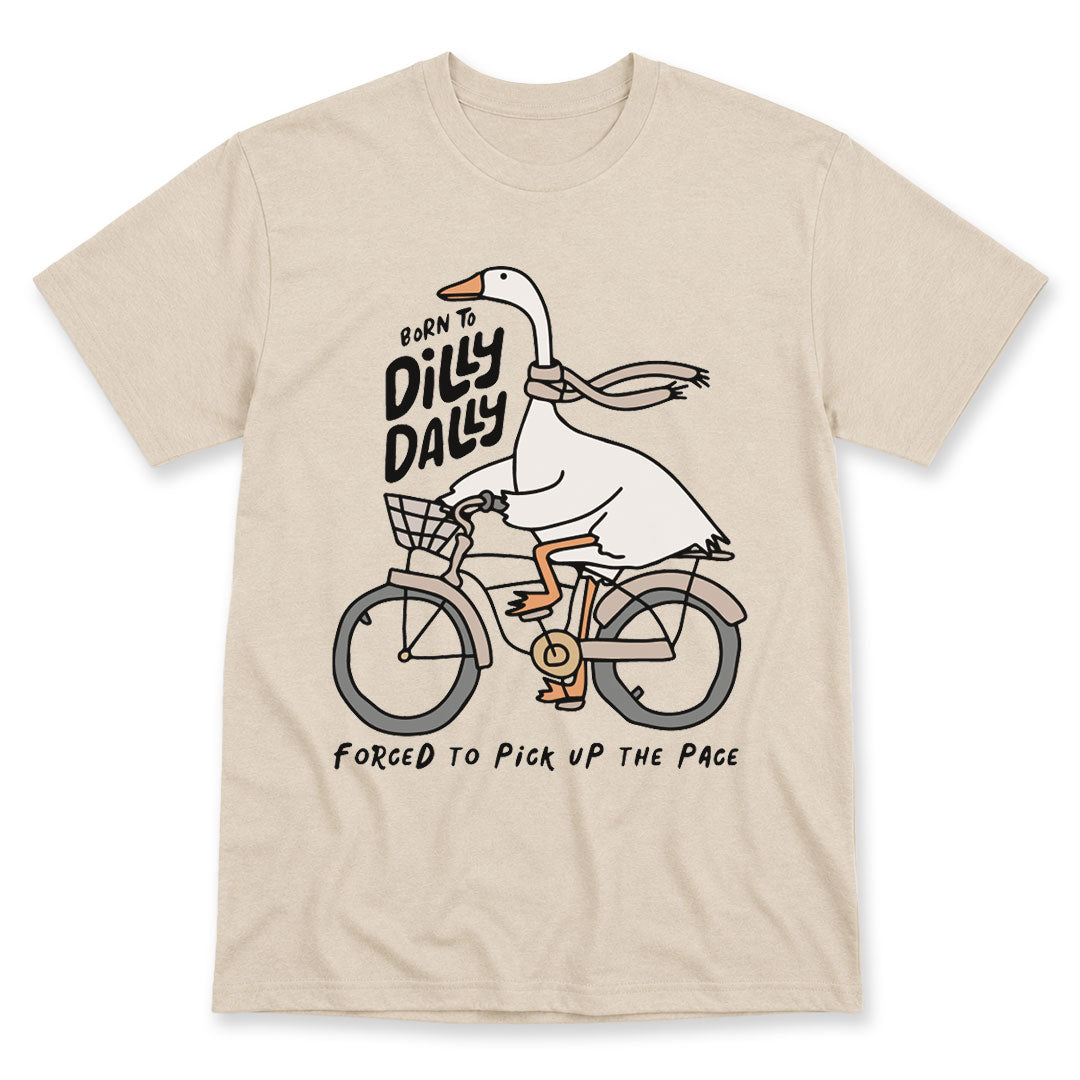 Sand t-shirt printed with the Born To Dilly Dally design, by Pinetree Innovations