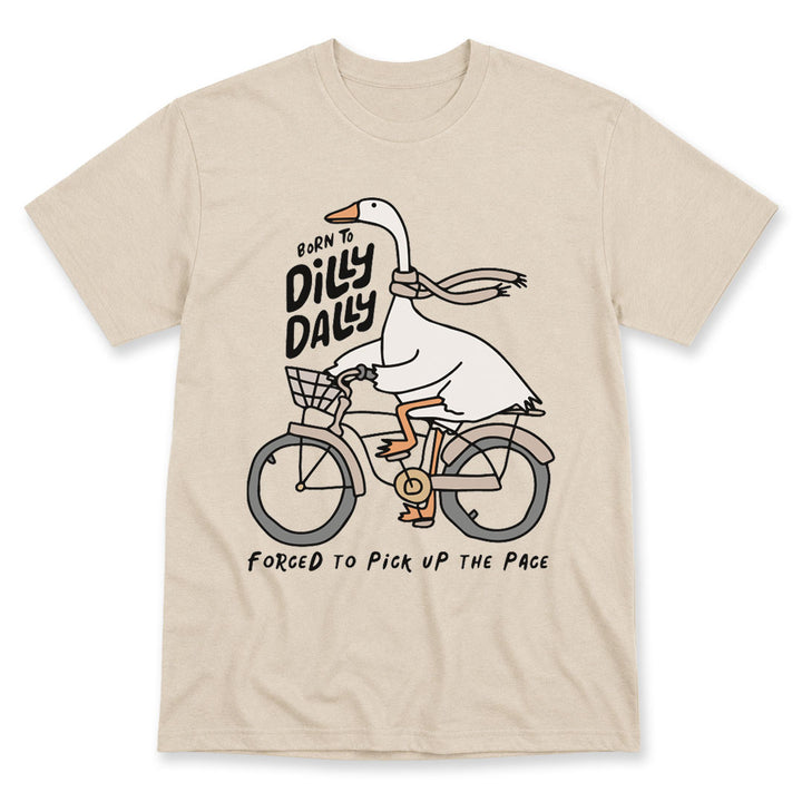 Sand t-shirt printed with the Born To Dilly Dally design, by Pinetree Innovations