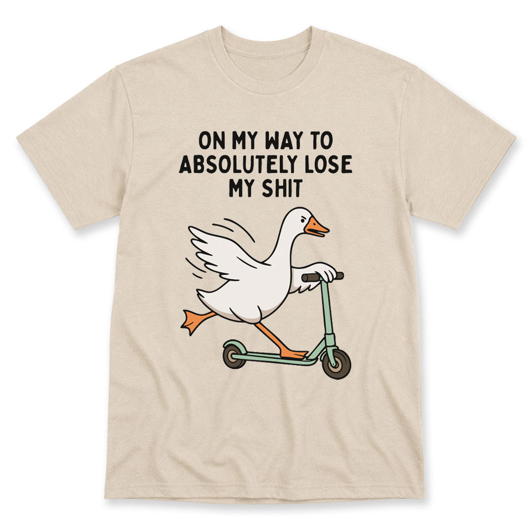 Sand t-shirt printed with the On My Way To Absolutely Lose My Shit design, by Pinetree Innovations