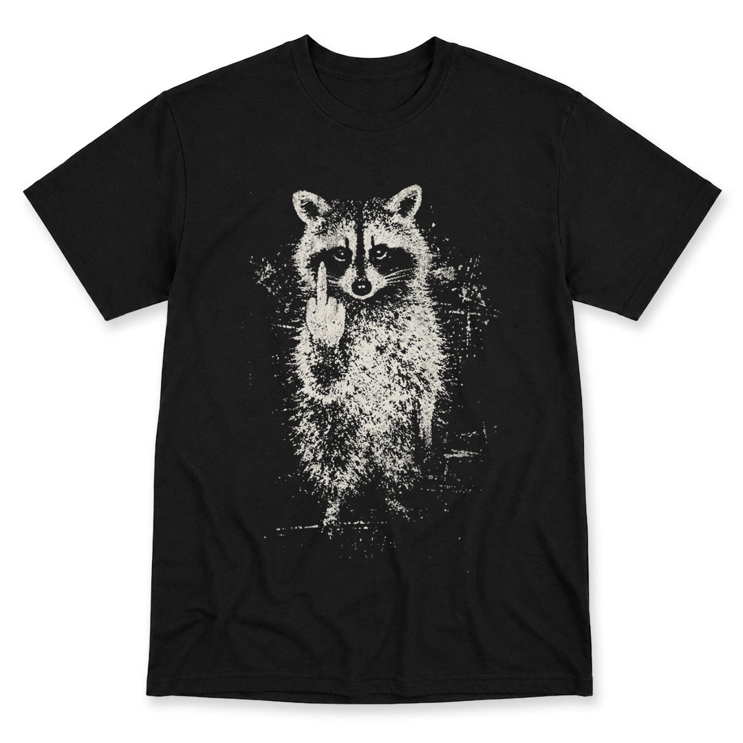 Black t-shirt printed with the F You Raccoon design, by Pinetree Innovations