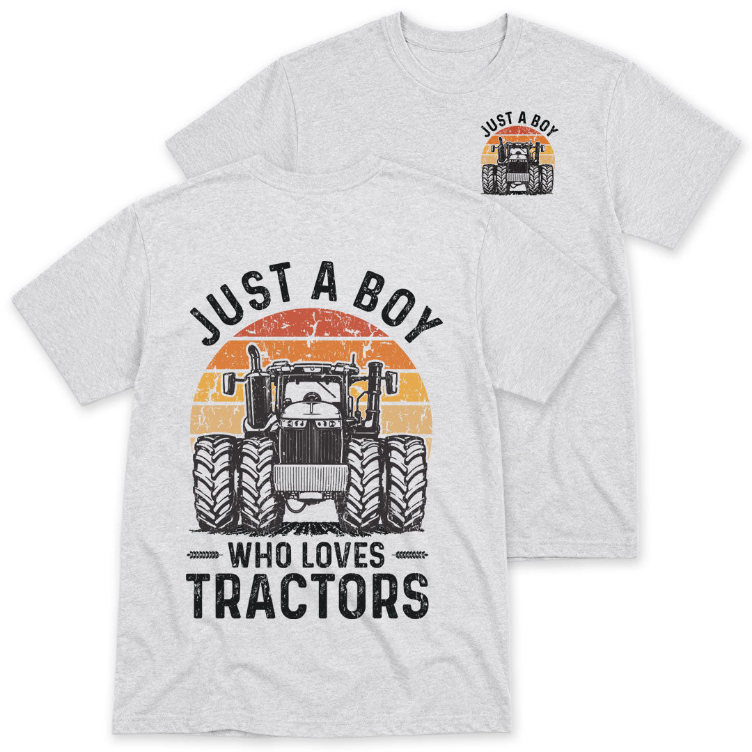 Ash t-shirt printed with the Just A Boy Who Loves Tractors design, front and back print, by Pinetree Innovations