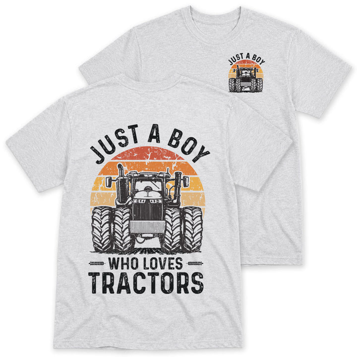 Ash t-shirt printed with the Just A Boy Who Loves Tractors design, front and back print, by Pinetree Innovations
