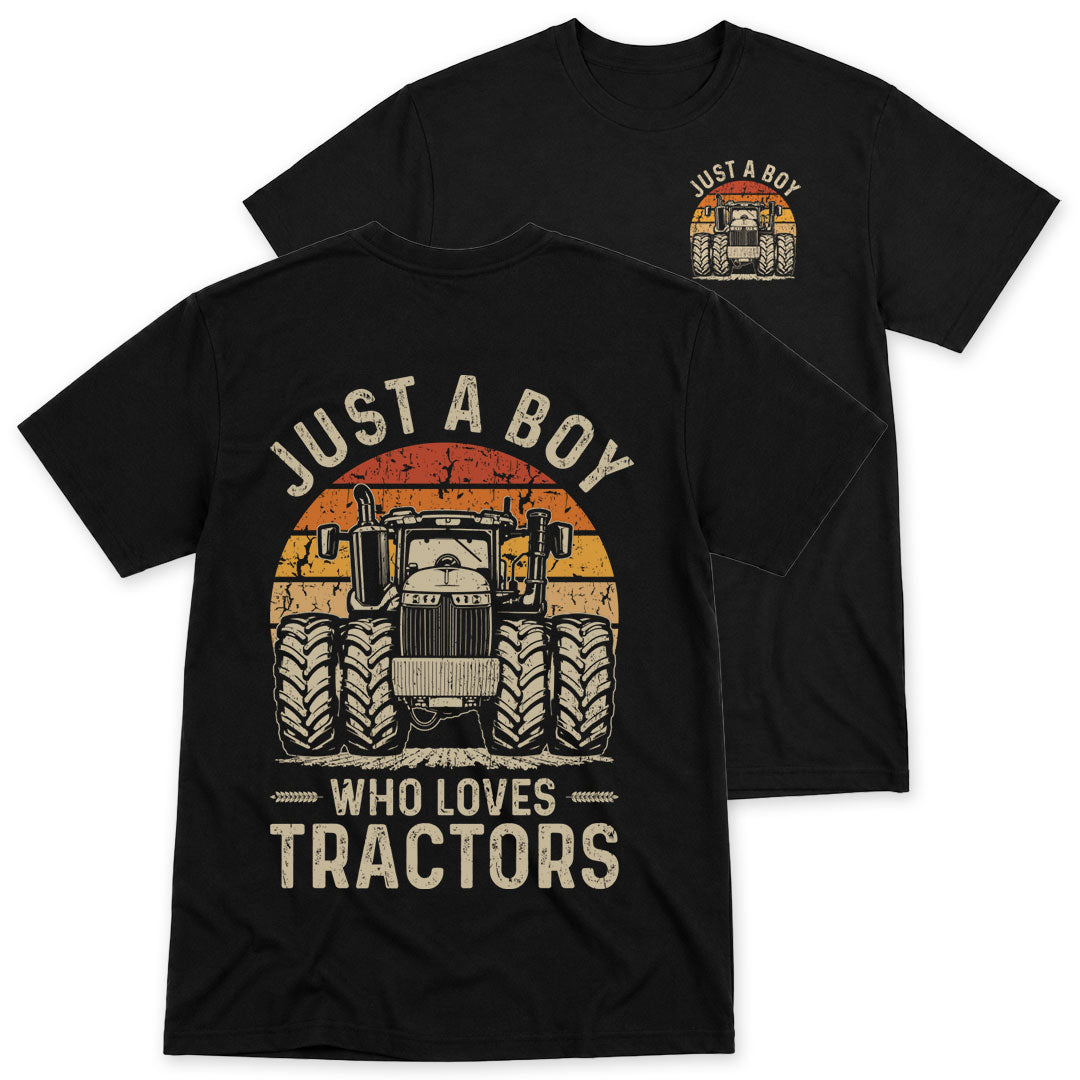 Black t-shirt printed with the Just A Boy Who Loves Tractors design, front and back print, by Pinetree Innovations