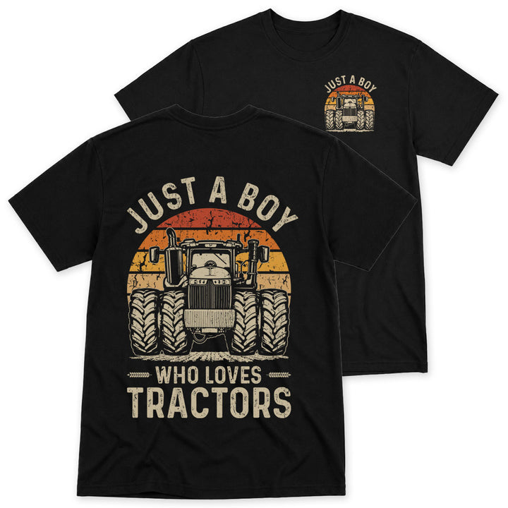 Black t-shirt printed with the Just A Boy Who Loves Tractors design, front and back print, by Pinetree Innovations