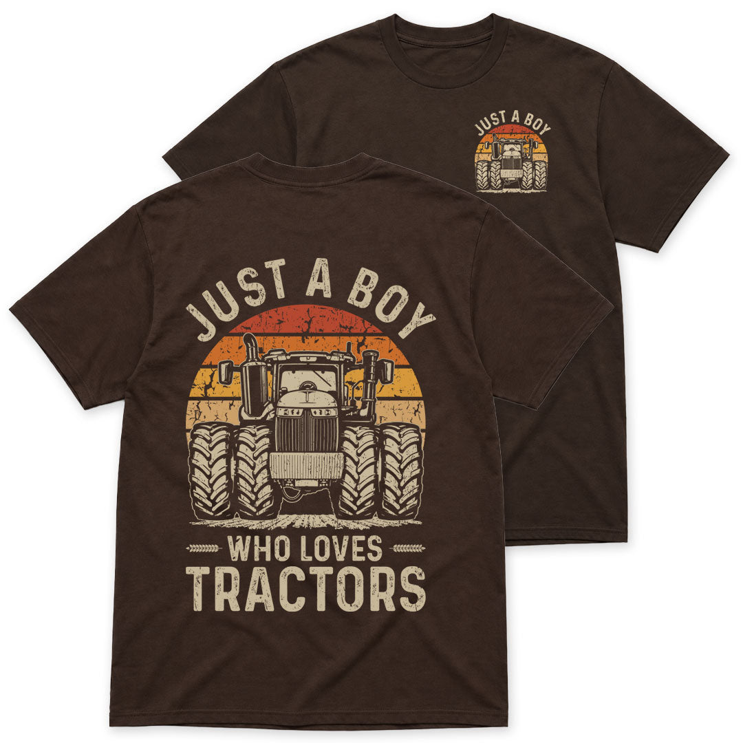 Dark Chocolate t-shirt printed with the Just A Boy Who Loves Tractors design, front and back print, by Pinetree Innovations