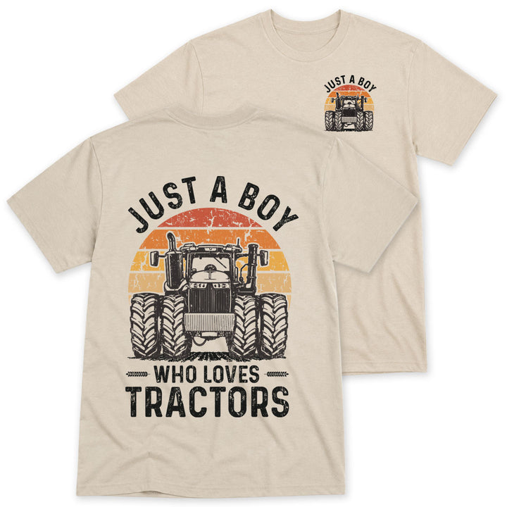 Sand t-shirt printed with the Just A Boy Who Loves Tractors design, front and back print, by Pinetree Innovations