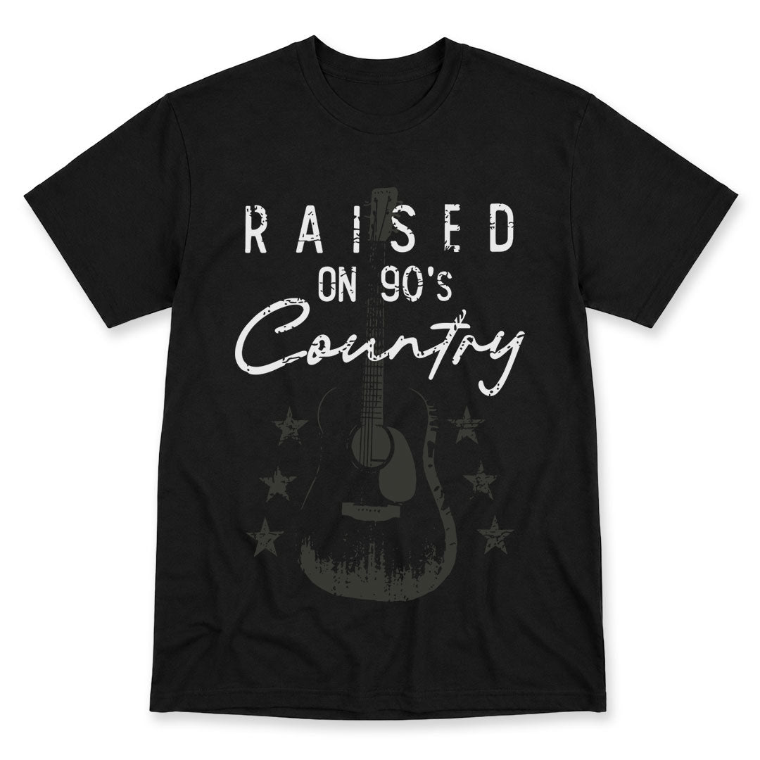 Black t-shirt printed with the Raised On 90's Country design, by Pinetree Innovations