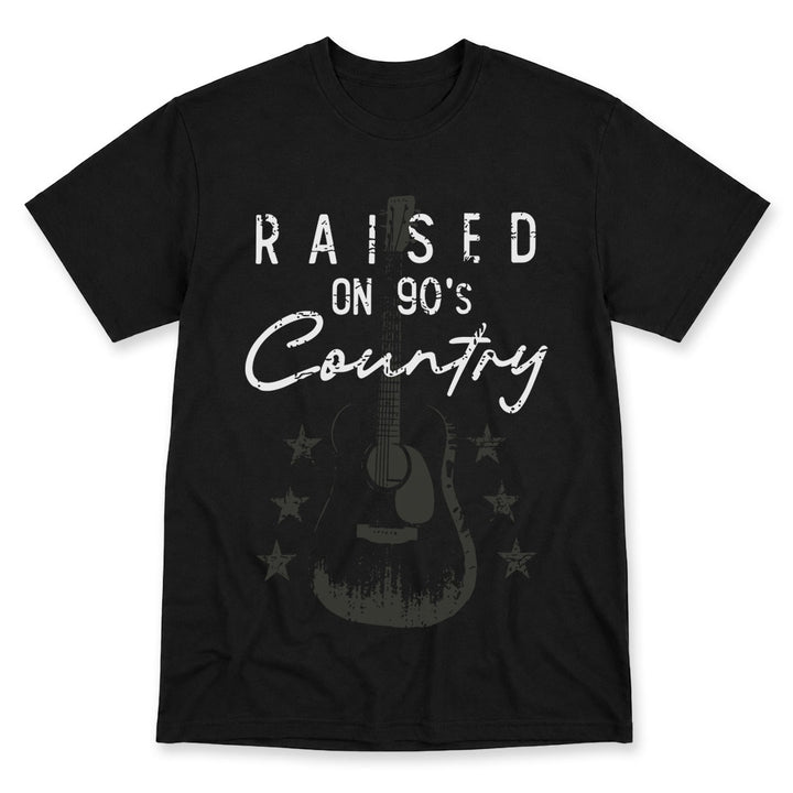 Black t-shirt printed with the Raised On 90&