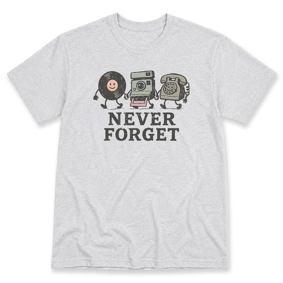 Ash t-shirt printed with the Never Forget design, by Pinetree Innovations