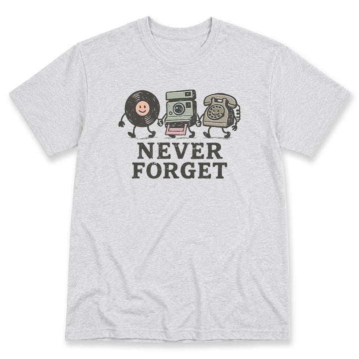 Ash t-shirt printed with the Never Forget design, by Pinetree Innovations