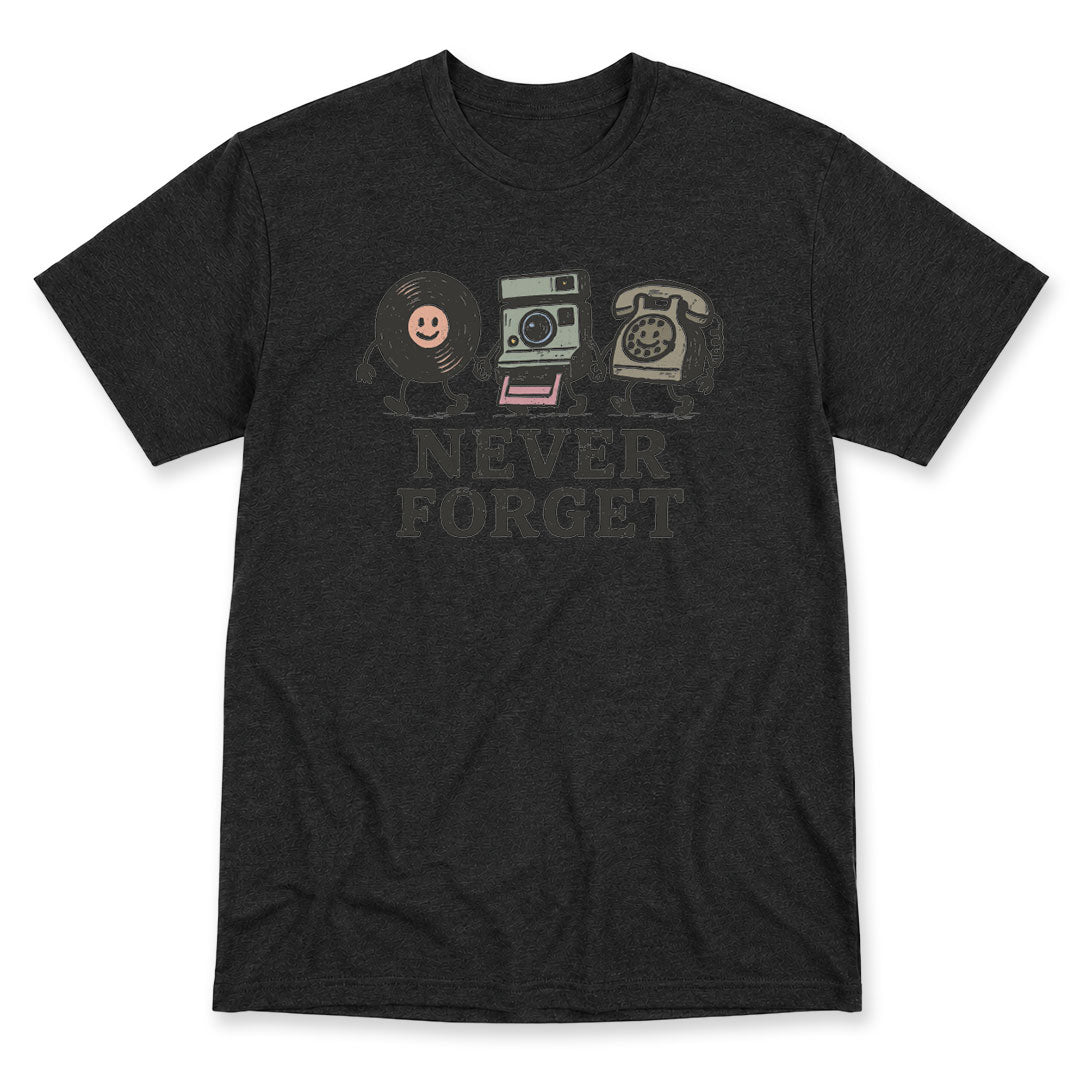Dark Gray t-shirt printed with the Never Forget design, by Pinetree Innovations