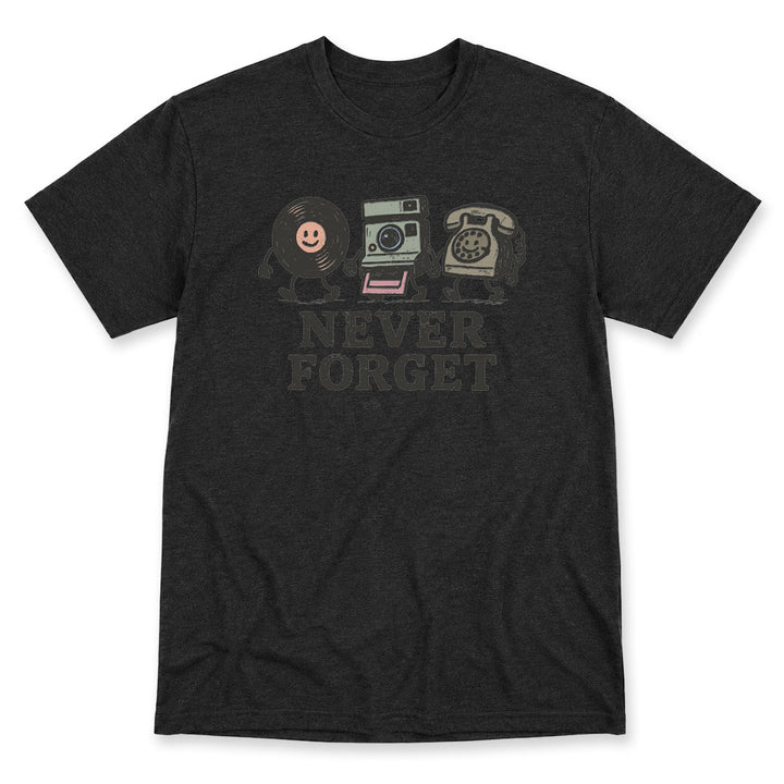 Dark Gray t-shirt printed with the Never Forget design, by Pinetree Innovations