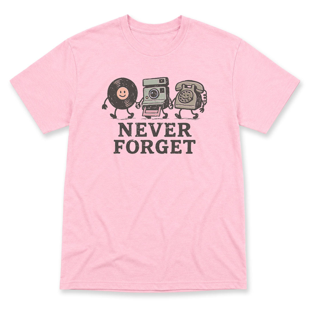 Light Pink t-shirt printed with the Never Forget design, by Pinetree Innovations