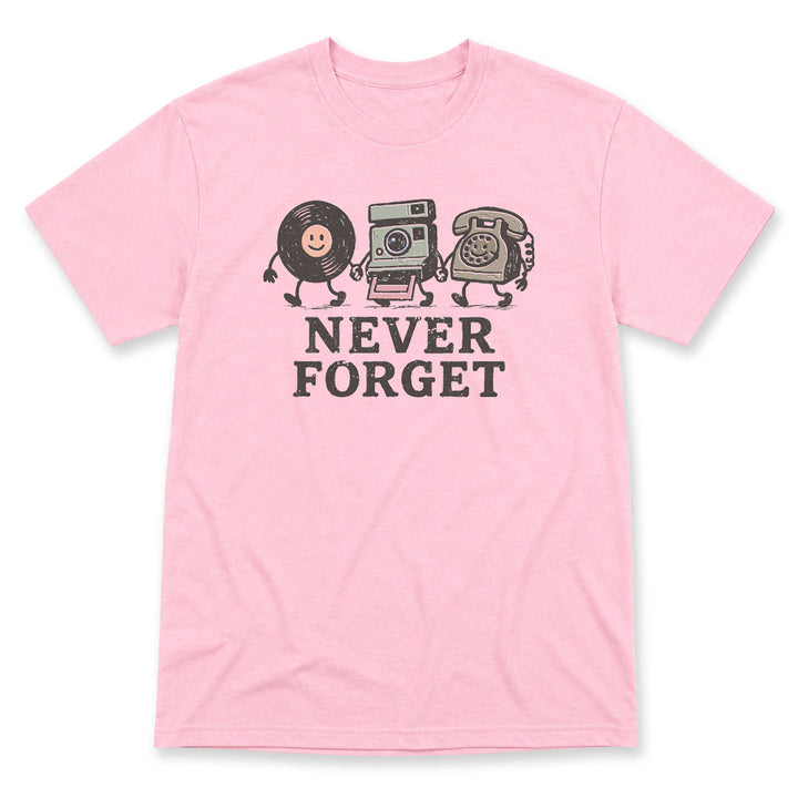 Light Pink t-shirt printed with the Never Forget design, by Pinetree Innovations
