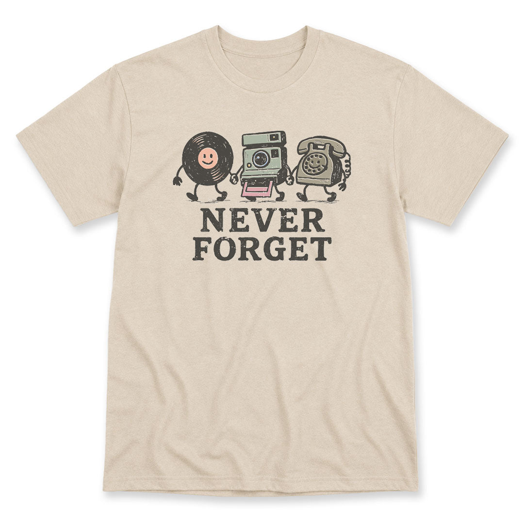Sand t-shirt printed with the Never Forget design, by Pinetree Innovations