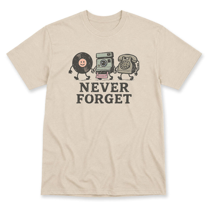 Sand t-shirt printed with the Never Forget design, by Pinetree Innovations