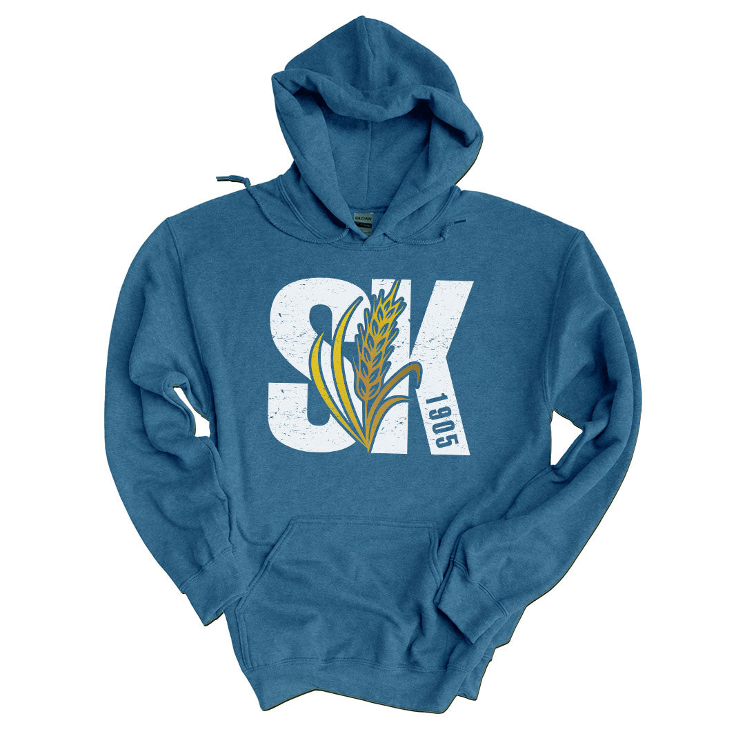 Indigo Blue hoodie printed with the Saskatchewan 1905 design across the front