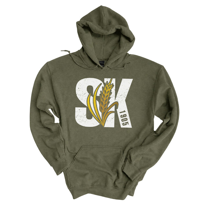 Military Green hoodie printed with the Saskatchewan 1905 design across the front