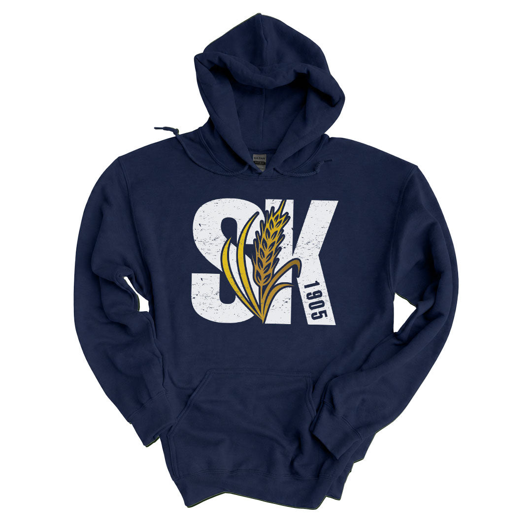 Navy hoodie printed with the Saskatchewan 1905 design across the front