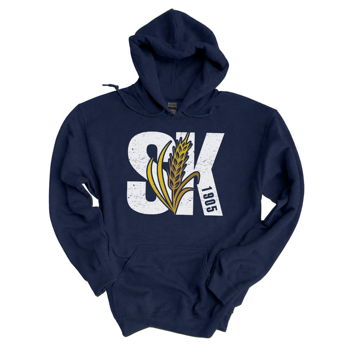 Navy hoodie printed with the Saskatchewan 1905 design across the front