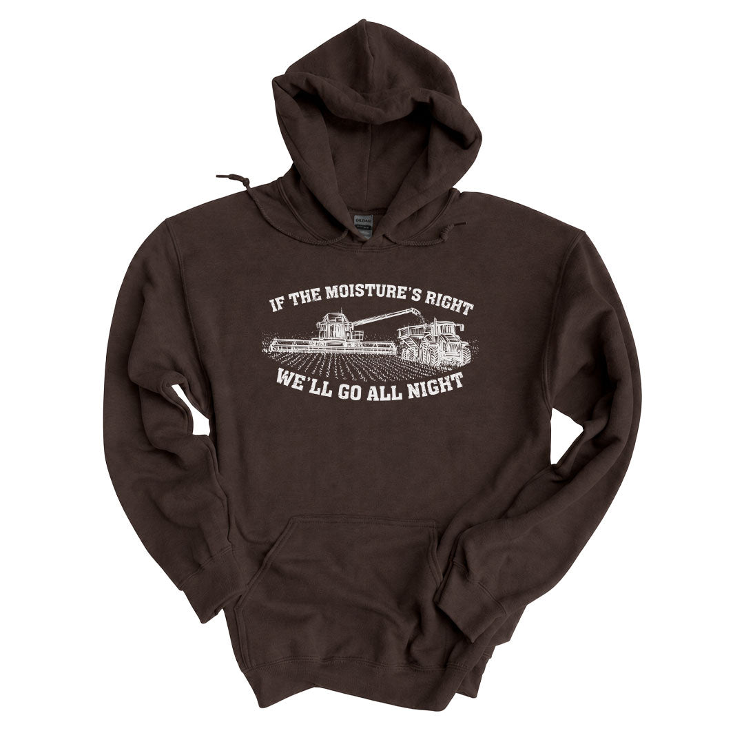 Dark Chocolate hoodie printed with the If The Moistures Right design across the front