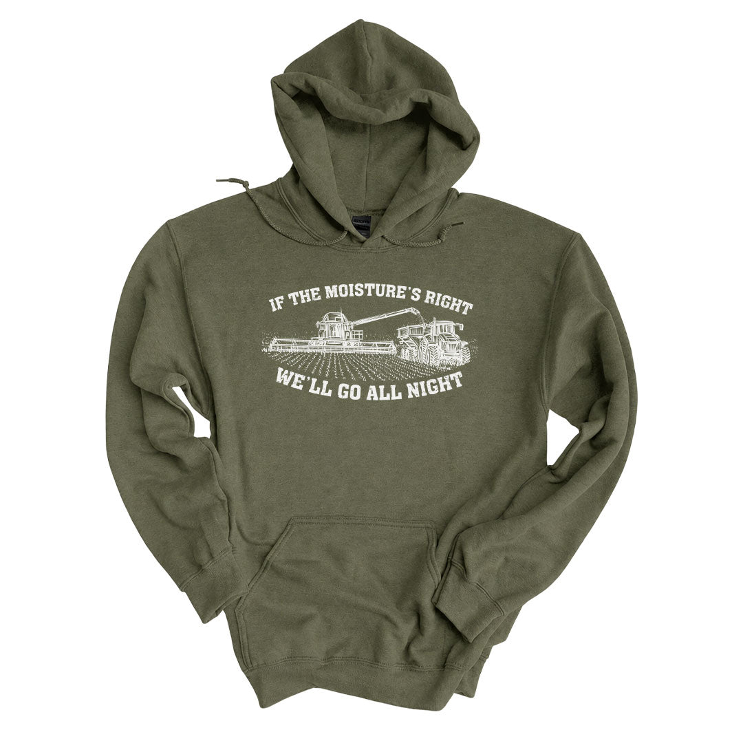Military Green hoodie printed with the If The Moistures Right design across the front