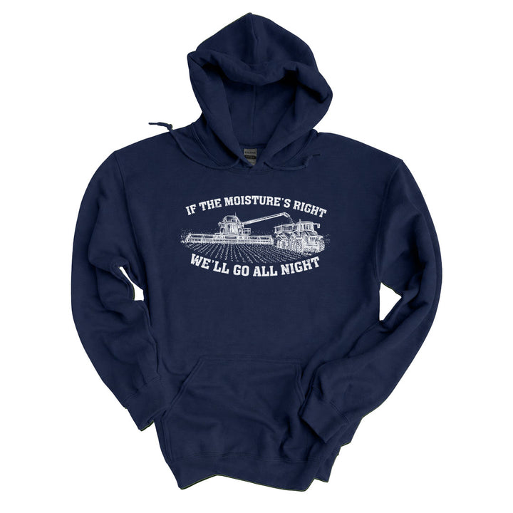 Navy hoodie printed with the If The Moistures Right design across the front