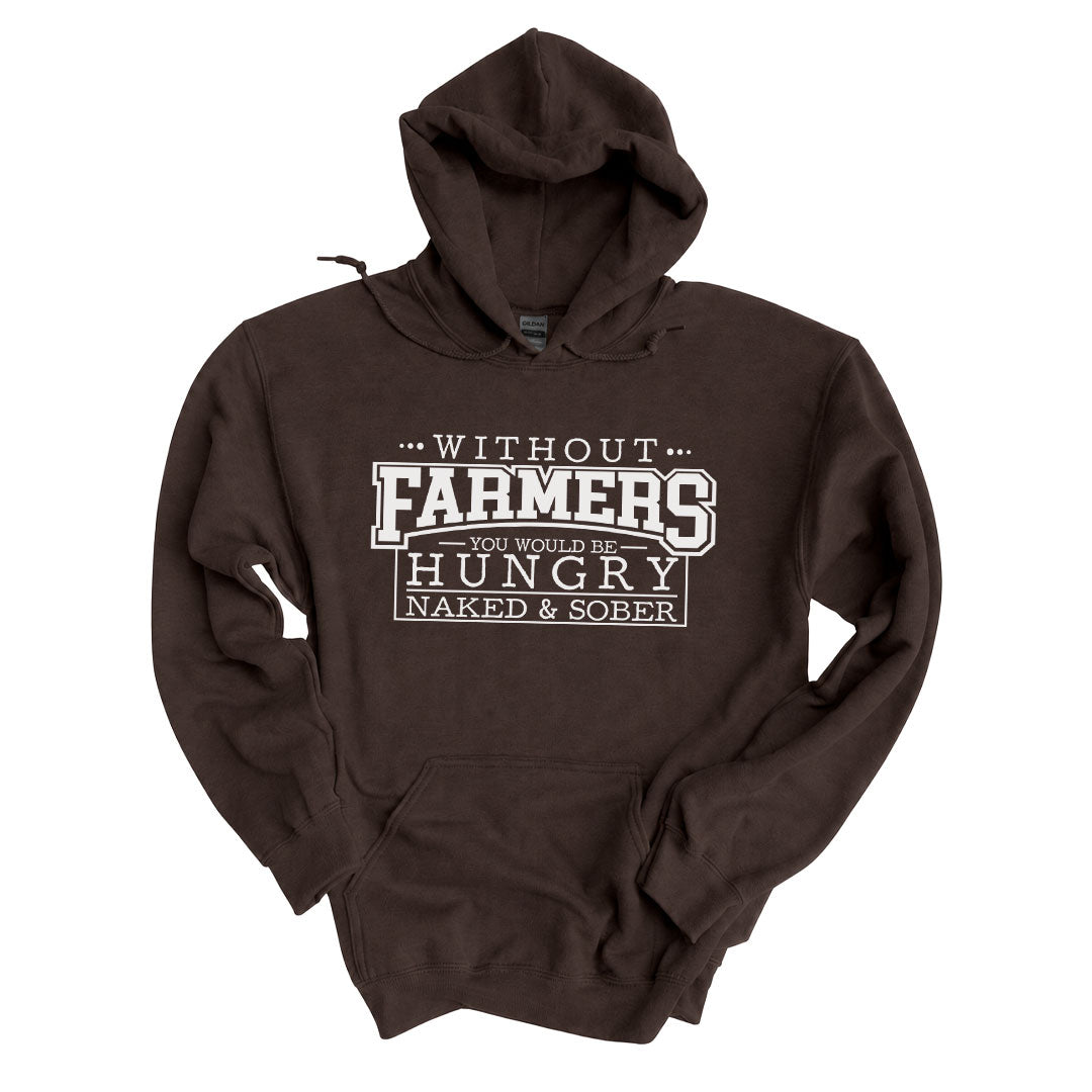 Dark Chocolate hoodie printed with the Without Farmers design across the front