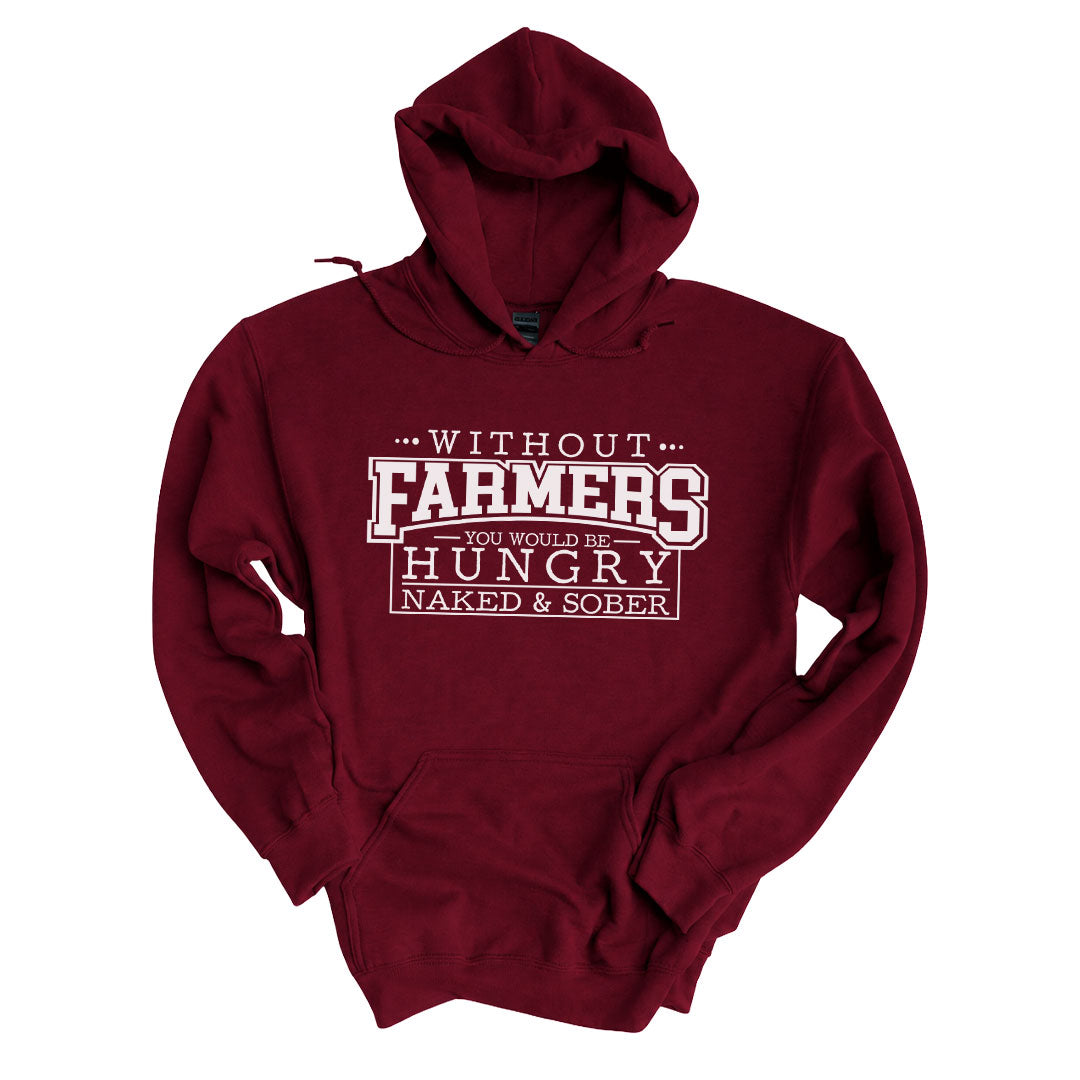 Garnet hoodie printed with the Without Farmers design across the front
