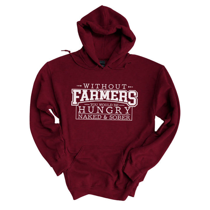 Garnet hoodie printed with the Without Farmers design across the front