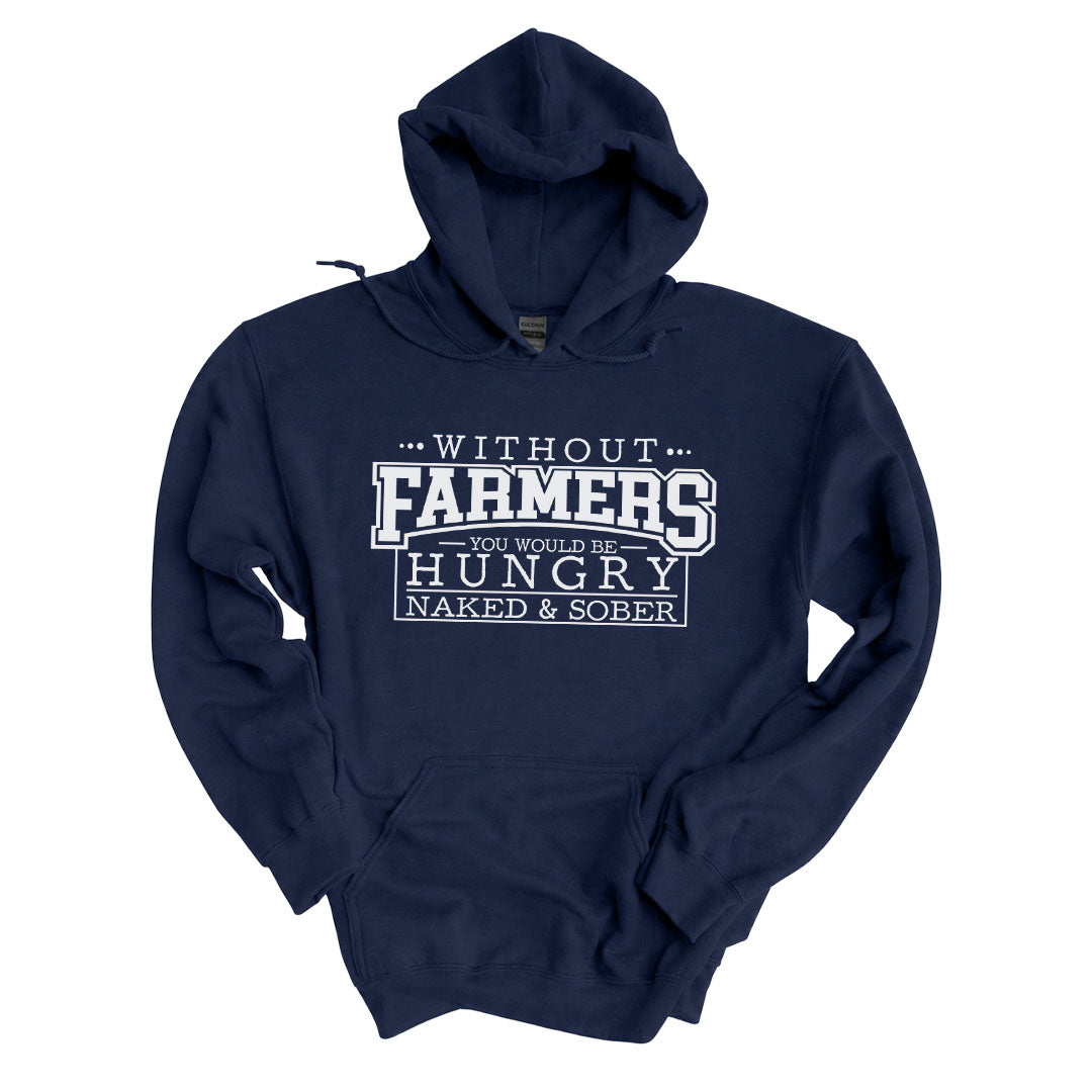 Navy hoodie printed with the Without Farmers design across the front