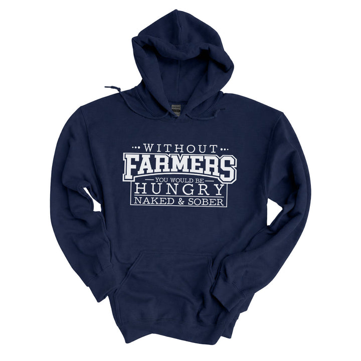 Navy hoodie printed with the Without Farmers design across the front
