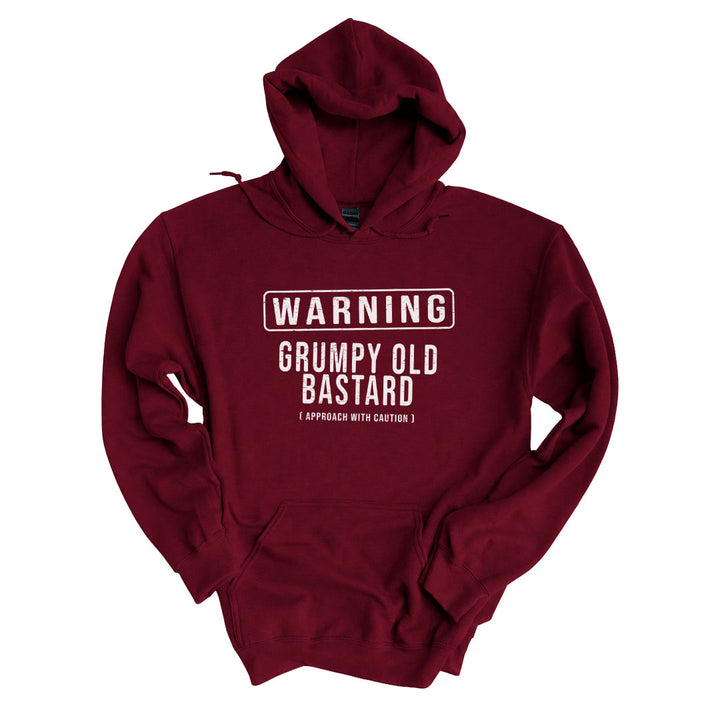 Garnet hoodie printed with the Grumpy Old Bastard design across the front
