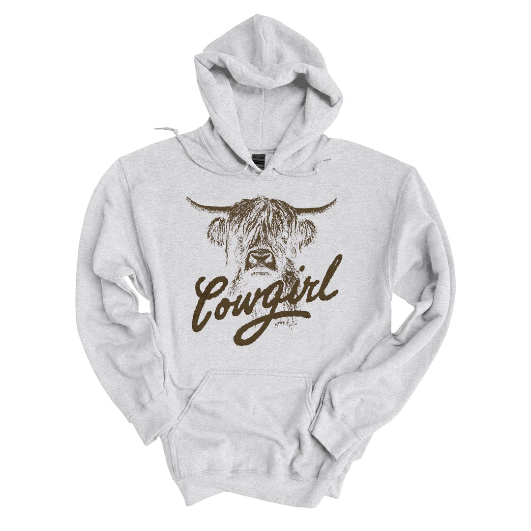 Ash hoodie with the Cowgirl design printed across the front