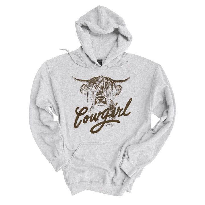 Ash hoodie with the Cowgirl design printed across the front