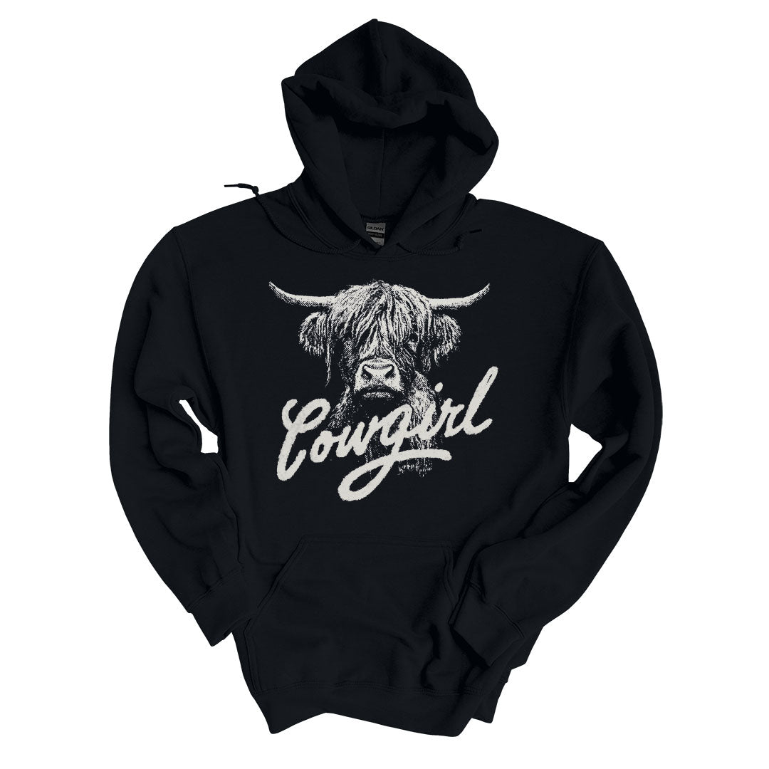 Black hoodie with the Cowgirl design printed across the front