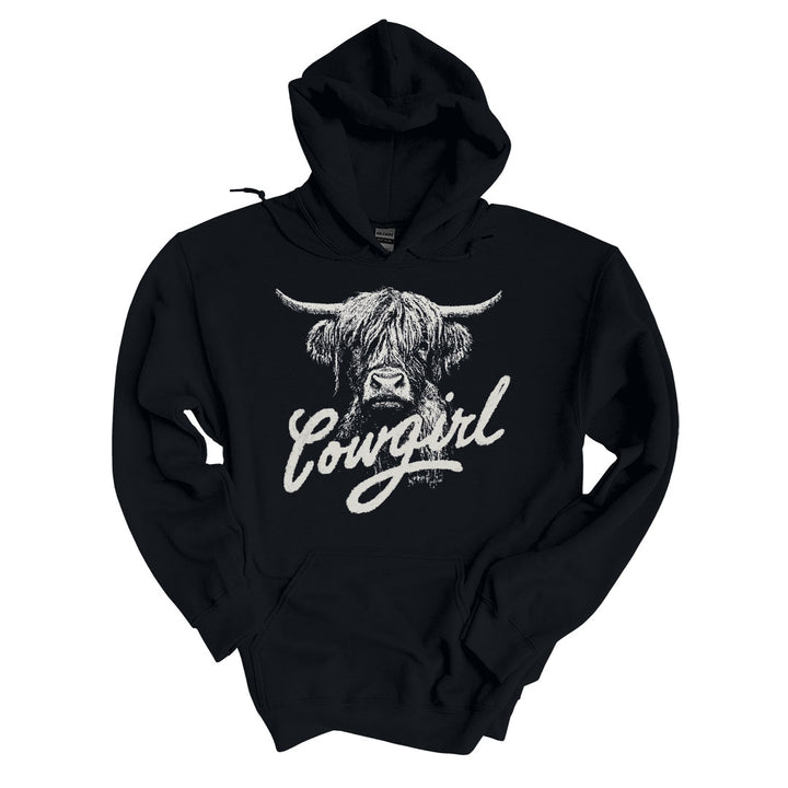 Black hoodie with the Cowgirl design printed across the front