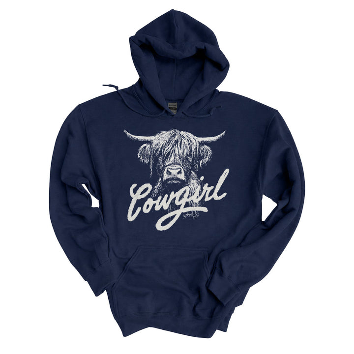 Navy hoodie with the Cowgirl design printed across the front