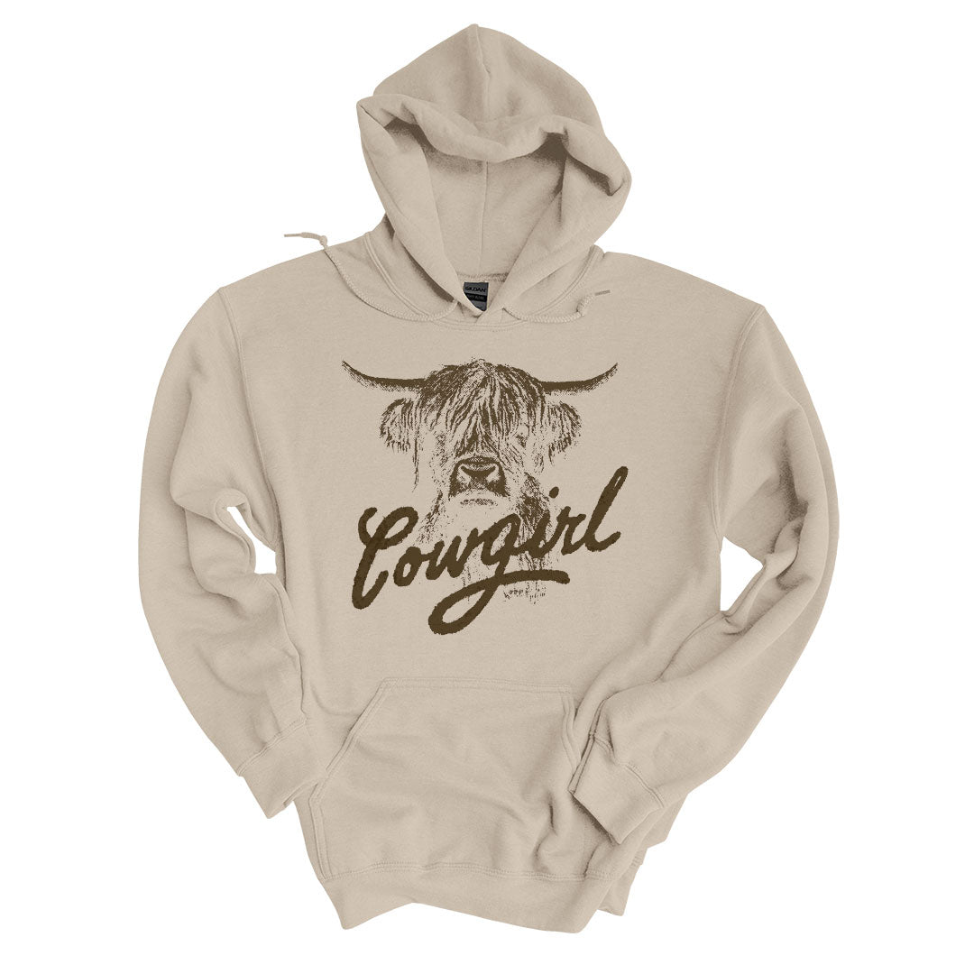 Sand hoodie with the Cowgirl design printed across the front