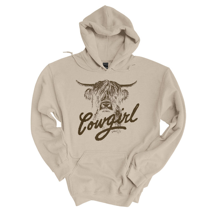 Sand hoodie with the Cowgirl design printed across the front