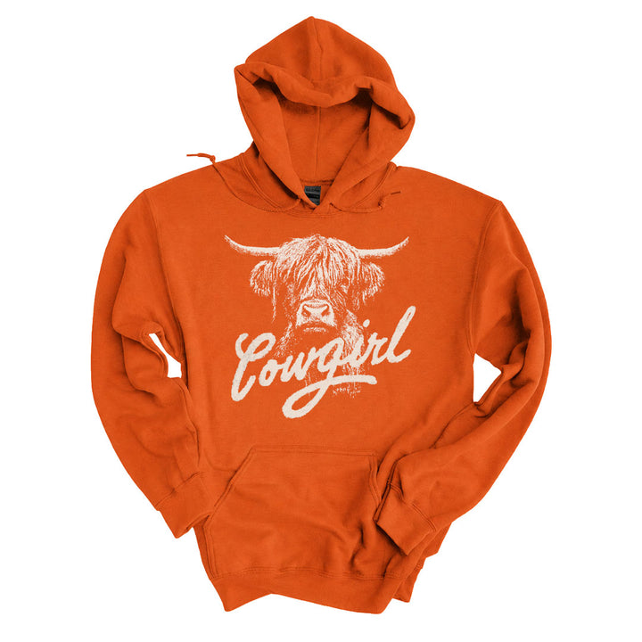 Texas Orange hoodie with the Cowgirl design printed across the front