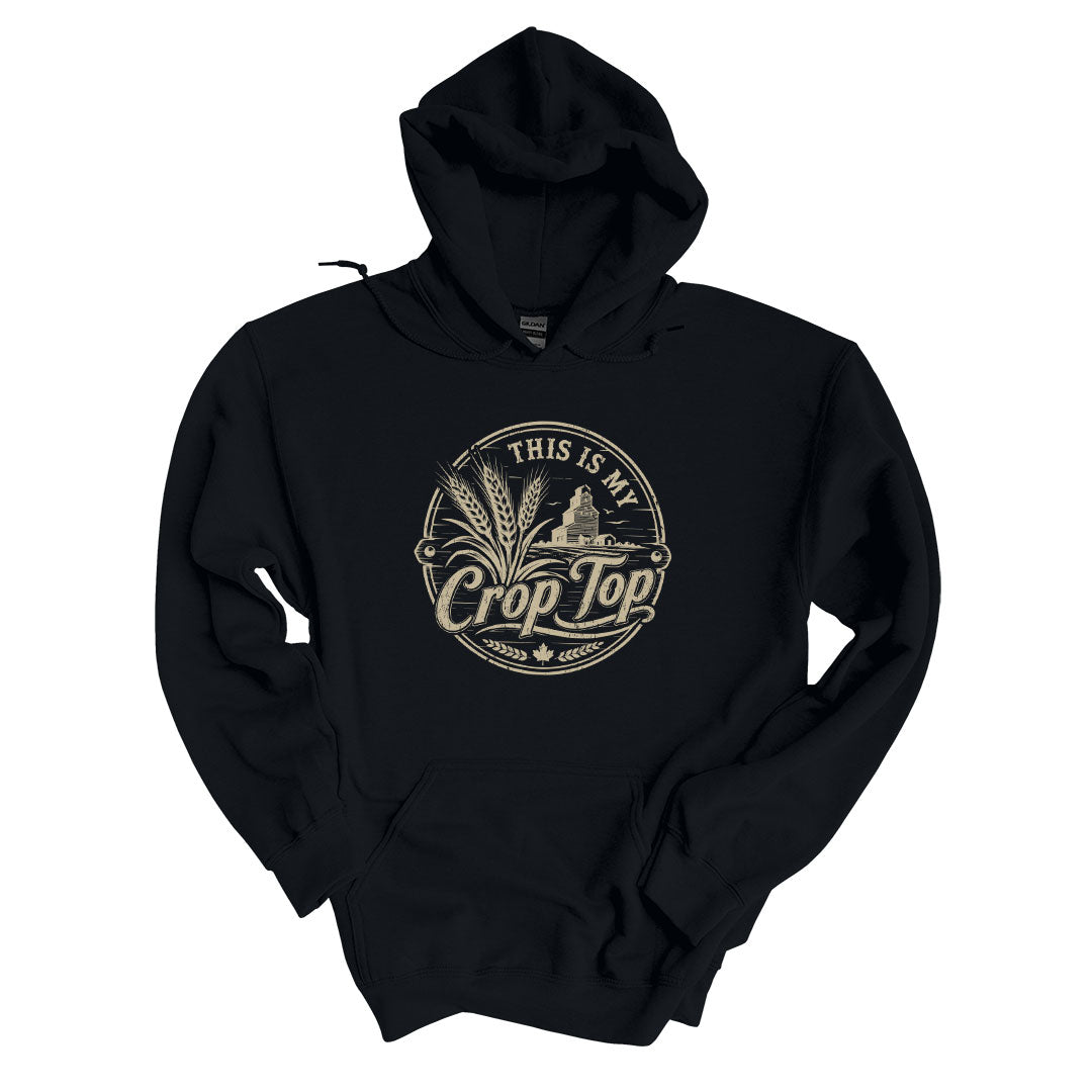 Black hoodie with the This Is My Crop Top design printed across the front