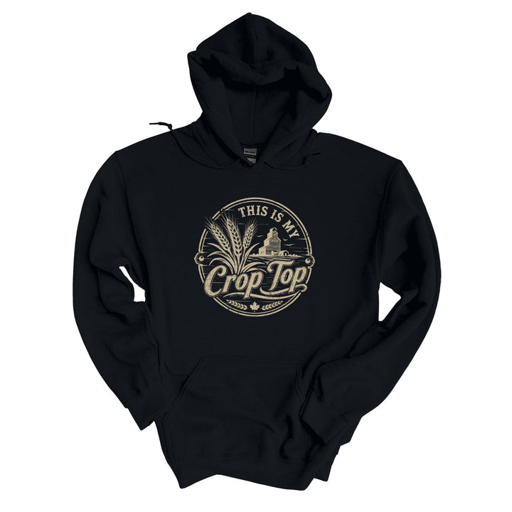 Black hoodie with the This Is My Crop Top design printed across the front