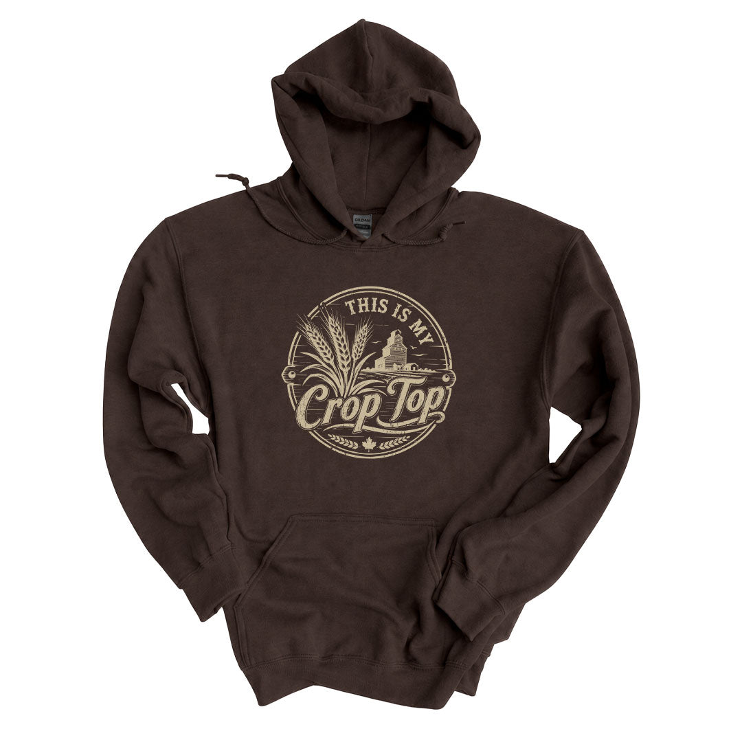 Dark Chocolate hoodie with the This Is My Crop Top design printed across the front