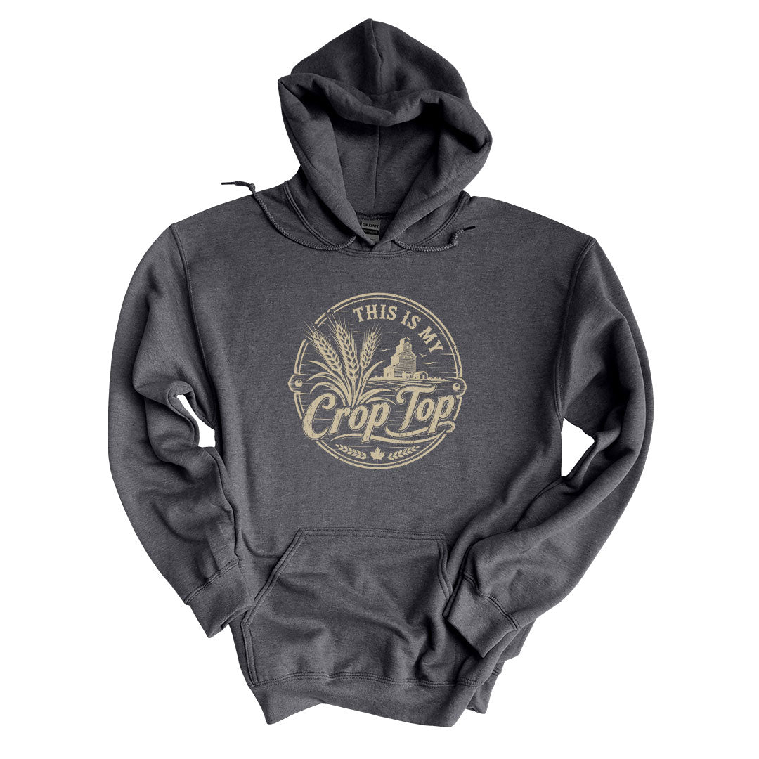 Dark Heather hoodie with the This Is My Crop Top design printed across the front
