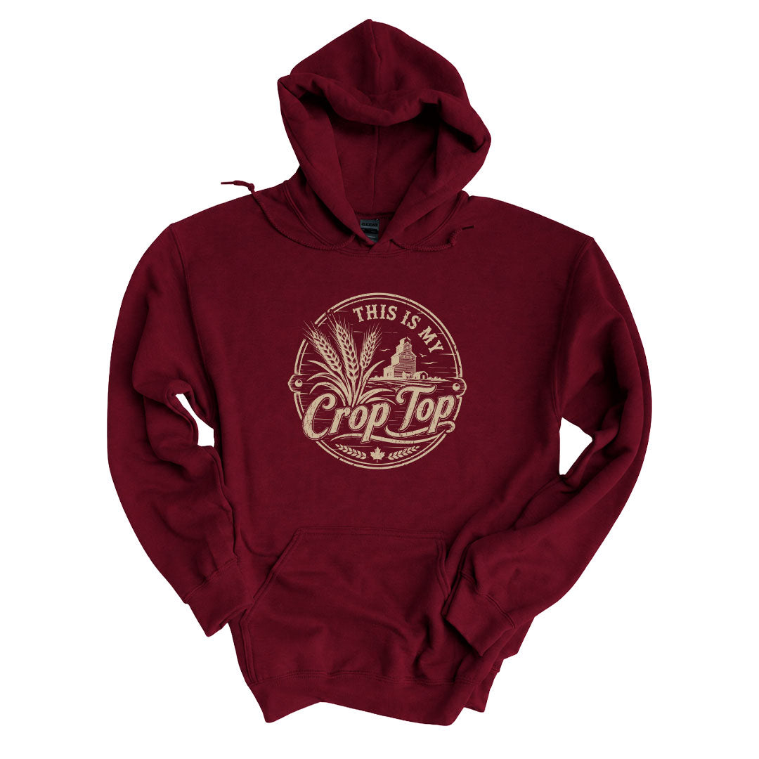 Garnet hoodie with the This Is My Crop Top design printed across the front